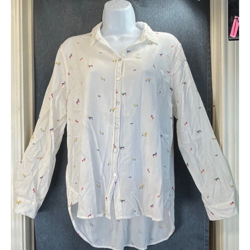 Jane & Delancey White Multi-Color Dog Print Button-Up Roll Tabs Casual/Preppy